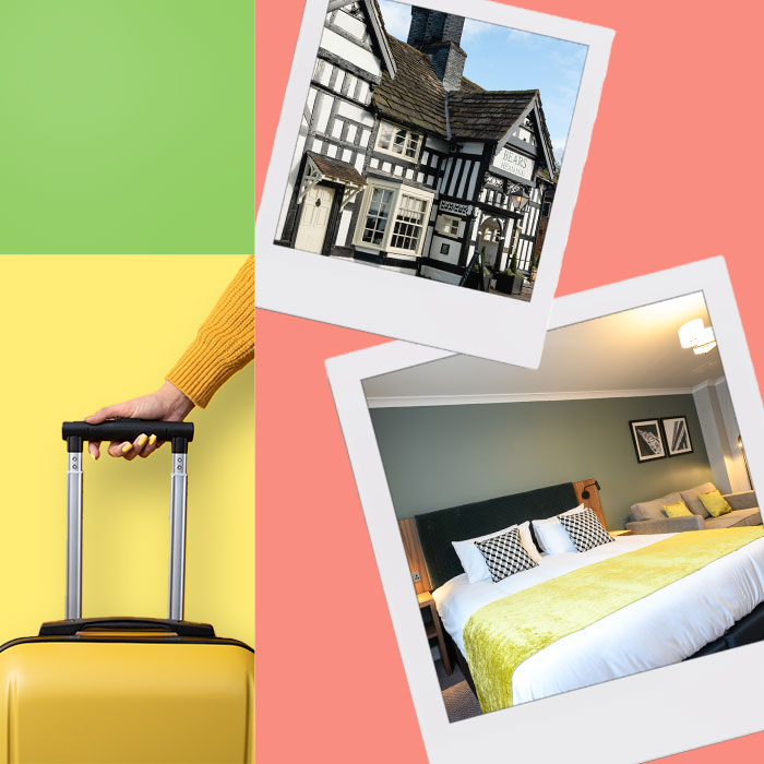 A block of three squares of different colours. The yellow rectangle has a hand holding a yellow suitcase and to the right is a chic hotel bedroom.