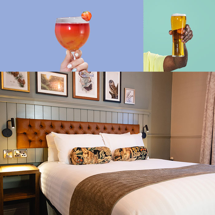 A blue rectangle in the top left, next to a light blue square with a hand holding up a full pint, above a stylish hotel bedroom.