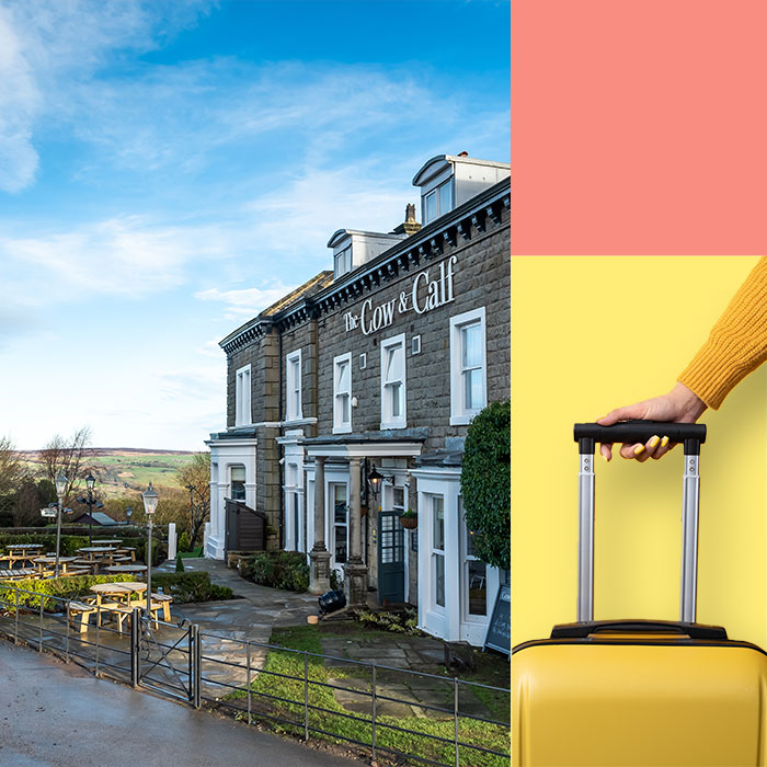 A block of three squares of different colours. The yellow rectangle has a hand holding a yellow suitcase and to the left is the outside of a hotel.