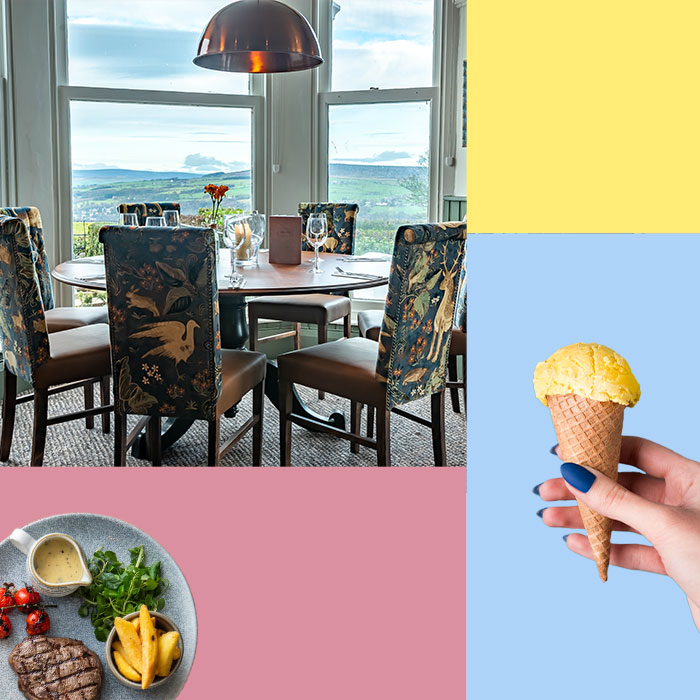 A view from a restaurant window, with three blocks of colour around it, one with a hand holding an ice cream in a cone, another of a plate of food.